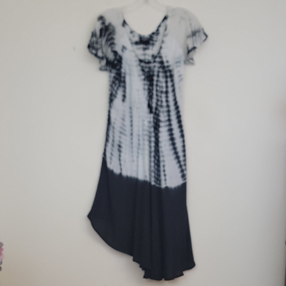 Ocean Breeze Black White Tie Dyed Embroidery Asymmetrical Hippie Dress S